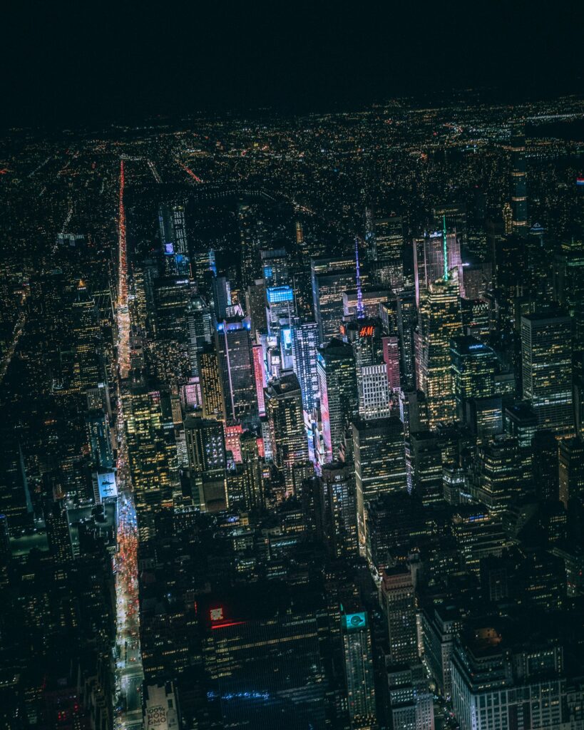 aerial view of midtown manhattan at night